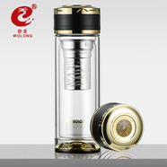 WoLong臥龍雙層玻璃杯帶溫度計(jì)茶水分離便攜車載茶杯隔熱透明男士水杯子 340毫升