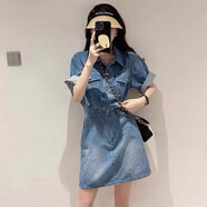 亭羅易chic韓版牛仔連衣裙女2024夏季顯瘦收腰短袖連體裙包臀短裙潮 藍色 4XL