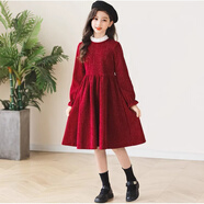 麥庫兜女童連衣裙冬季3-15歲兒童紅色新年拜年服中大童過(guò)年衣服女孩裙子 紅色 150cm