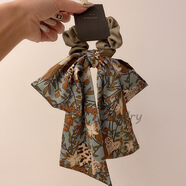 綿德韓版新款復古簡(jiǎn)約蝴蝶結飄帶發(fā)圈氣質(zhì)優(yōu)雅低馬尾發(fā)繩發(fā)飾女 綠色印花飄帶 B01-201