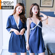 莫代爾睡袍睡衣女性感2025夏季兩件套蕾絲吊帶情趣浴袍家居服套裝睡裙 1858寶藍 S (80-90斤)