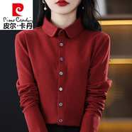 皮爾卡丹（pierre cardin）加厚純色磨毛襯衣女秋冬polo領(lǐng)寬松顯瘦上衣時(shí)尚職業(yè)內搭疊穿襯衫 酒紅色 2XL