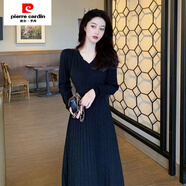 皮爾卡丹（pierre cardin）白色針織內(nèi)搭連衣裙女春秋韓劇穿搭配大衣毛衣裙子打底中長(zhǎng)款女裝 黑色 L 建議110-120斤