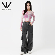 BOY BY BOY潮牌女裝春夏網(wǎng)紗長(cháng)袖歐美風(fēng)印花修身性感上衣T恤 白色 S