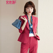 安依蓮職業(yè)套裝女黑色小西裝外套秋冬短款小個(gè)子氣質(zhì)時(shí)尚西服正裝白領(lǐng)工作服套裝 玫紅色西裝+褲子 M