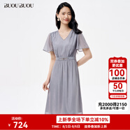 BUOUBUOU天湖女神2025春新品V領(lǐng)釘珠喇叭袖雪紡順紆縐連衣裙女 灰色B86 XL