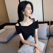 歌班婭 黑色一字肩長(cháng)袖漏肩上衣T恤女春秋2025新款網(wǎng)紅一字領(lǐng)露肩打底 黑色(雙吊帶一字 領(lǐng)) M (91-100斤)