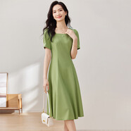 尚都比拉短袖連衣裙女夏季時(shí)尚通勤中長(cháng)款a字裙釘珠收腰顯瘦裙子 綠色 S