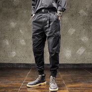 潮天士美式工裝褲男寬松秋冬配腰帶休閑褲男士潮牌百搭束腳褲大碼長(cháng)褲子 黑色 28【90-105斤】