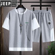 JEEP SPIRIT夏季冰絲青少年短袖t恤男高中初中學(xué)生寬松運(yùn)動套裝帥氣一套衣服 灰色上衣+短褲 4XL 170-185斤
