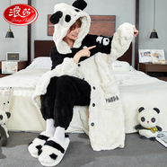 浪莎（LangSha）珊瑚絨睡衣女秋冬睡袍加厚保暖可外穿長(cháng)款舒適可愛(ài)開(kāi)衫家居服 【2件套】熊貓玩偶 L