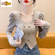 初徑方領(lǐng)雙排扣毛衣打底衫女秋冬感不規則泡泡袖內搭時(shí)尚上衣短款 燕麥色 S 建議78-100斤