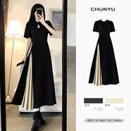 妍莉芬（yanlifen）新中式設計感長(cháng)款裙子女2024年夏季收腰復古顯瘦開(kāi)叉中國風(fēng)連衣裙 黑色 M (參考80-100斤以?xún)却?