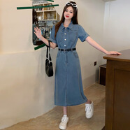 櫻欖大碼牛仔連衣裙2023年夏新款胖妹妹翻領時尚小眾收腰顯瘦休閑裙子 淺藍色長款連衣裙 4XL大碼建議180-200
