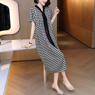 醋酸緞面真絲千鳥(niǎo)格連衣裙2023夏季新款女休閑寬松中長(cháng)款 千鳥(niǎo)格 3XL