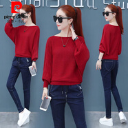 皮爾卡丹（pierre cardin）一字肩蝙蝠袖t恤女針織打底衫新款秋冬裝遮肚百搭洋氣質(zhì)女士上衣 紅色 S