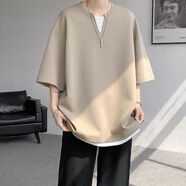 主意范（ZHUYIFAN）短袖T恤男8XL-M 特大碼短袖男假兩件五分袖高品質(zhì)空氣層寬松上衣 卡其色 7XL