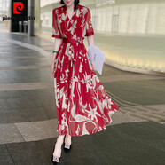 皮爾卡丹（pierre cardin）官方高端香云紗裙子2025夏季新款名媛氣質(zhì)高端真絲桑蠶絲連衣裙收 品牌旗艦酒紅 L 品牌旗艦