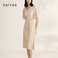 納薇（naivee）商場同款夏季新款氣質(zhì)知性時尚百搭寬松短袖薄款系帶連衣裙女 淺米駝 S 155/80A