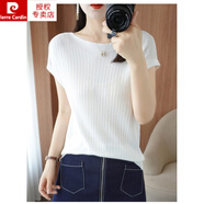 皮爾卡丹（pierre cardin）冰絲針織衫女寬松23夏季新款上衣一字領(lǐng)薄款小衫篇幅短袖時(shí)尚洋氣 白色 S