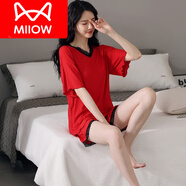 貓人（MiiOW）感莫代爾冰絲睡衣女夏季短袖2026新款可外穿帶胸墊家居服套裝 Q0529短袖短褲(紅色) 3XL