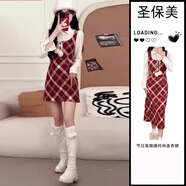 圣保美過新年戰(zhàn)袍假兩件紅色連衣裙女秋冬季2024新款小香學院風冬裝裙子 假兩件短款 S碼
