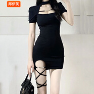 邦伊芙掛脖綁帶辣妹連衣裙女春夏新款純欲短袖百搭小個(gè)黑顯瘦包臀裙 黑色Black S_建議[95斤內]