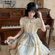 詩(shī)丹蕊田園風(fēng)可愛(ài)少女娃娃領(lǐng)碎花連衣裙女學(xué)生夏季收腰小個(gè)子公主蓬蓬裙 藍色 均碼【可備注碼數】