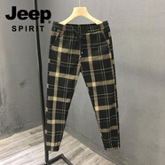 JEEP SPIRIT潮牌網(wǎng)紅格子九分褲子夏季薄款男流行小腳褲修身束腳休閑褲 黑色 30
