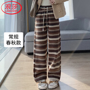 浪莎民族風(fēng)直筒褲女秋冬復古毛呢條紋褲新款高腰直筒顯瘦加絨闊腿褲