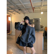 風(fēng)采兔 毛衣女2024秋冬新款松弛感斜肩蝙蝠袖甜美性感露肩慵懶風(fēng)針織衫 深灰色 均碼