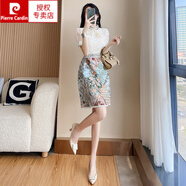 皮爾卡丹（pierre cardin）法式蕾絲連衣裙女夏2026夏季新款名媛氣質(zhì)顯瘦包臀碎花裙子高級感 白色短袖 XL