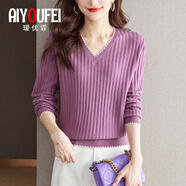 璦優(yōu)霏（aiyoufei）春秋季薄款針織羊毛衫女長袖打底衫新款t恤洋氣減齡寬松v領(lǐng)上衣女 紫色 M 建議95-105斤左右