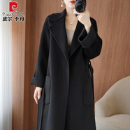 皮爾卡丹2024秋冬雙面羊毛大衣女中長(cháng)款加厚韓版新款羊毛呢保暖外套 黑色 【明星同款】 M 118-138斤