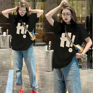 歐洛黛（OULUODAI）短袖t恤女寬松夏季新款透氣休閑衣服女裝時(shí)尚潮體恤衫純棉短袖女 黑色（Hi） L