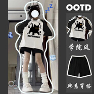 素優(yōu)米2024夏季穿搭套裝女學(xué)生插肩寬松短袖T恤休閑五分運(yùn)動(dòng)短褲兩件套 金錢貓#黑拼白T恤+黑色短褲 M 建議90-105斤
