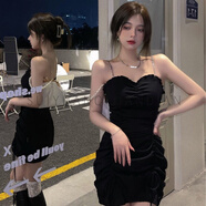 隨遠@純欲褶皺包臀短裙女春夏復古小個(gè)子百搭裙辣妹抹胸拉鏈吊帶連衣裙 黑色 /拉鏈設計 L 建議110-125斤