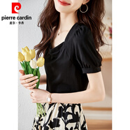 皮爾卡丹（pierre cardin）半身裙女高腰碎花百褶裙中長裙夏季2025年夏裝新款薄款上衣a字子 黑色上衣 XL [115-130斤]