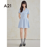 A21條紋翻領(lǐng)短袖連衣裙女夏季2024新款修身氣質(zhì)裙子 藍(lán)色條 M