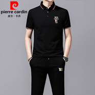 皮爾卡丹（pierre cardin）品牌男裝短袖T恤套裝歐貨刺繡純棉T恤衫長褲運(yùn)動休閑兩件套 536黑色套裝 175碼