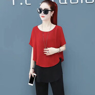 品匯菲大碼女裝雪紡衫胖妹妹夏季上衣矮小個(gè)微胖mm短袖寬松遮肚子媽媽裝 紅色  輕薄 XL 建議120-135斤