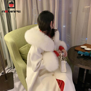 AEMAPE粉色毛呢斗篷大衣女2024秋冬新款寬松溫柔氣連帽 白色_帶毛毛  S