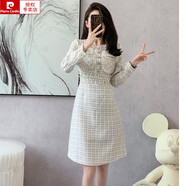 皮爾卡丹（pierre cardin）小香風(fēng)長(zhǎng)袖粗花毛呢連衣裙中長(zhǎng)款2024秋冬裝新款修身重工釘珠裙子 圖片色 S