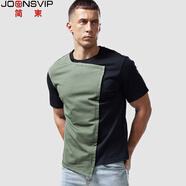 簡束（JOONSVIP）短袖T恤男280g重磅寬松純色夏季體恤撞色拼接純棉透氣半袖打底衫 黑綠色 M