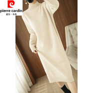 皮爾卡丹（pierre cardin）半高領(lǐng)針織連衣裙女秋冬季新款長(cháng)款過(guò)膝寬松顯瘦加厚保暖打底長(cháng)裙 米白色2 綿羊絨加厚 2XL