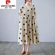 皮爾卡丹（pierre cardin）小個子連衣裙2025女新款夏季文藝棉麻大碼胖mm寬松V領(lǐng)短袖娃娃裙 圖片色 L【建議100-140斤】