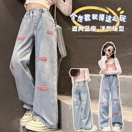 卡兔藍(lán)貓（KATULANMAO）女童牛仔褲春秋2024新款洋氣兒童直筒褲子寬松女孩大童春季闊腿褲 圖片色 150