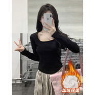 風(fēng)采兔 辣妹長(zhǎng)袖t恤加絨加厚女2025春夏內(nèi)搭打底衫顯瘦新款方領(lǐng)純棉上衣 黑色【加厚德絨】 M