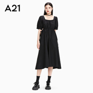A21女裝氣質(zhì)連衣裙女2023夏季新款法式方領(lǐng)收腰短袖黑色中長裙 黑色 S