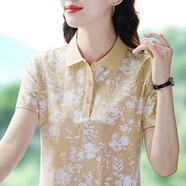 冰絲休閑短袖t恤女夏天2025新款透氣翻領(lǐng)中年百搭上衣polo衫 2160/杏色 XL（建議100-120斤）